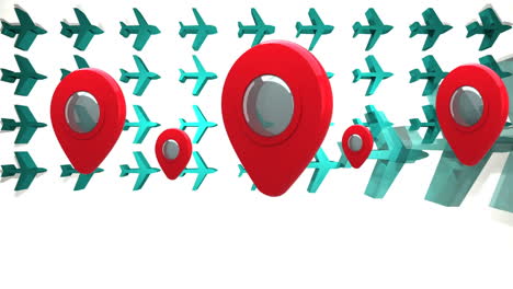 Animation of red location pins bouncing over rows of green aeroplanes