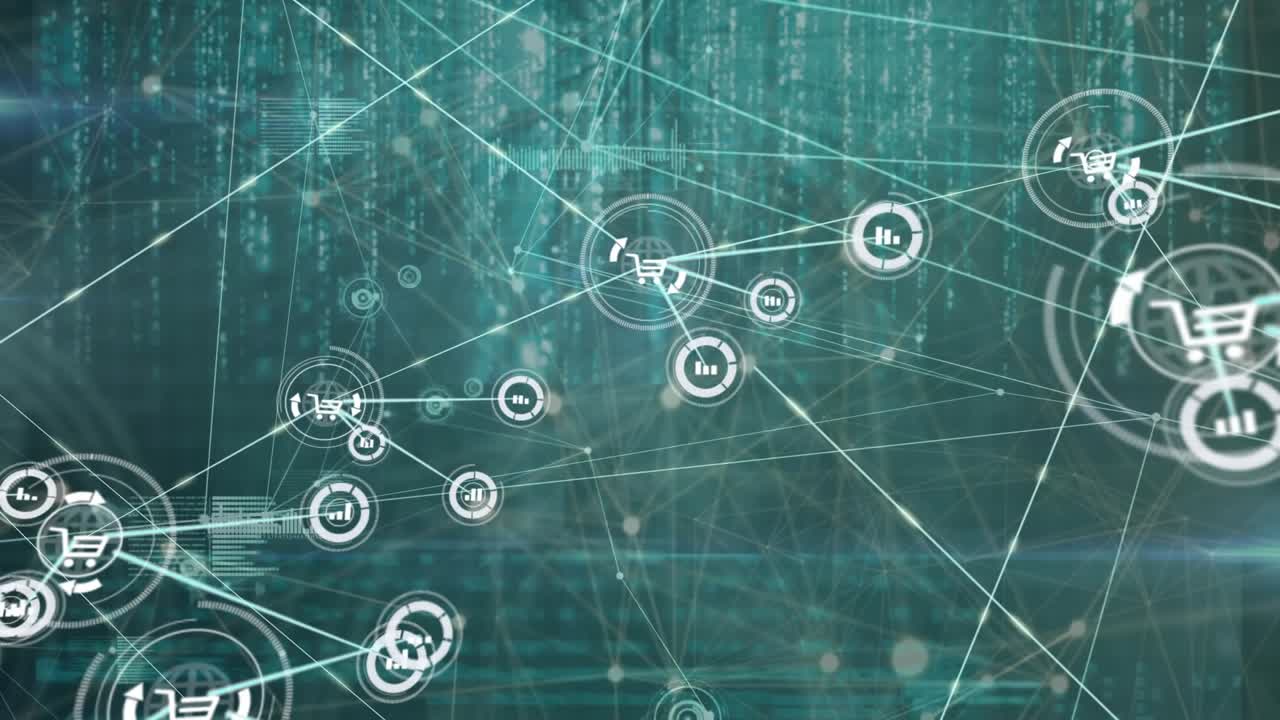Animation of connected icons and dots with graphs over multiple infographic interface