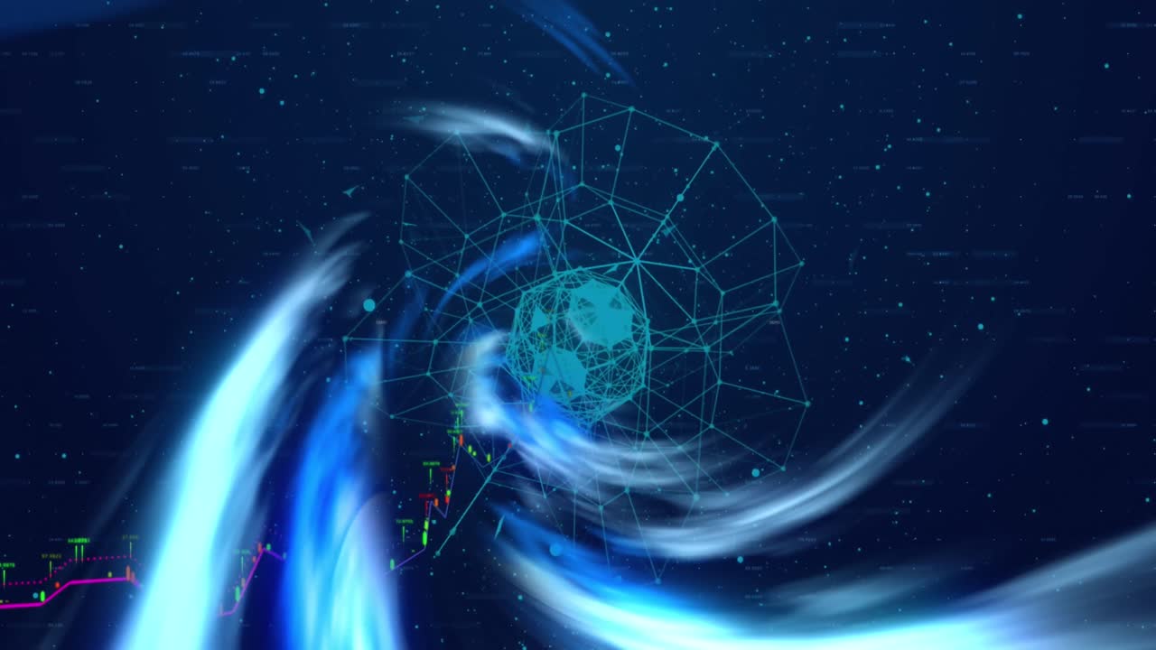 Animation of data processing over neon shapes