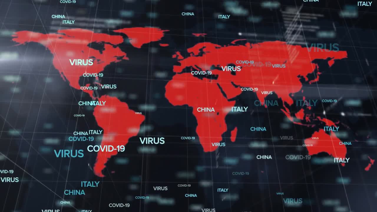 animación de múltiples textos de covid 19 en todo el mundo ma en un fondo oscuro