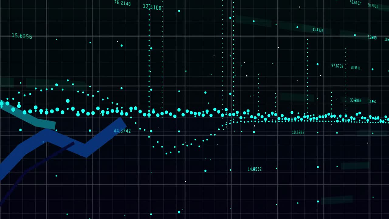 검은 바탕을 배경으로 그리드 네트워크를 통해 통계 데이터 처리의 디지털 애니메이션