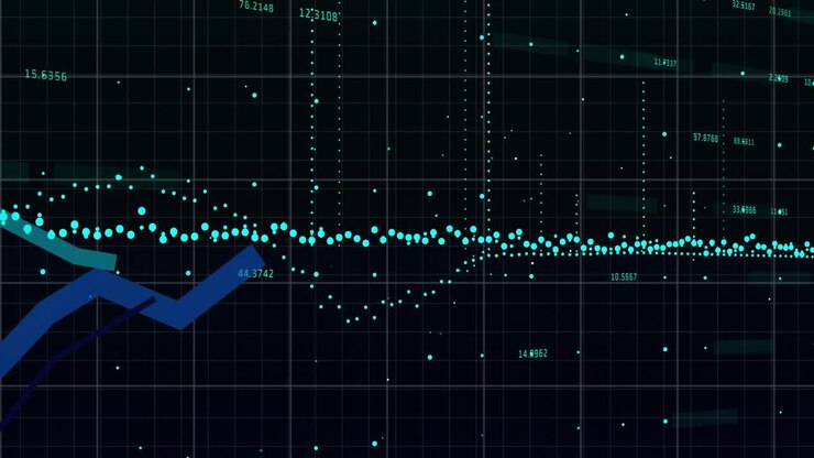 Digital animation of statistical data processing over grid network against black background