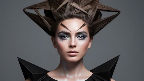 striking portrait of a futuristic model with geometric hair and bold makeup, showcasing unique fashion in a minimalist studio setting