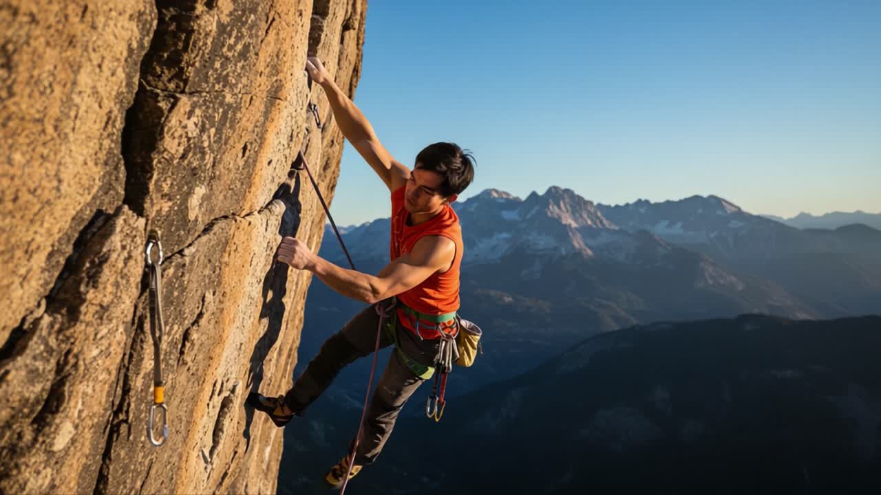Exploring the Thrills of Rock Climbing: A Bold Climber Navigates the Vertical Face of a Majestic Mountain at Sunset, Showcasing Strength and Skill