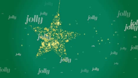 animation of repeated jolly text with gold christmas star bauble swinging on green background