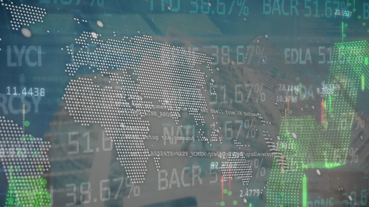 Animation of financial data processing over world map