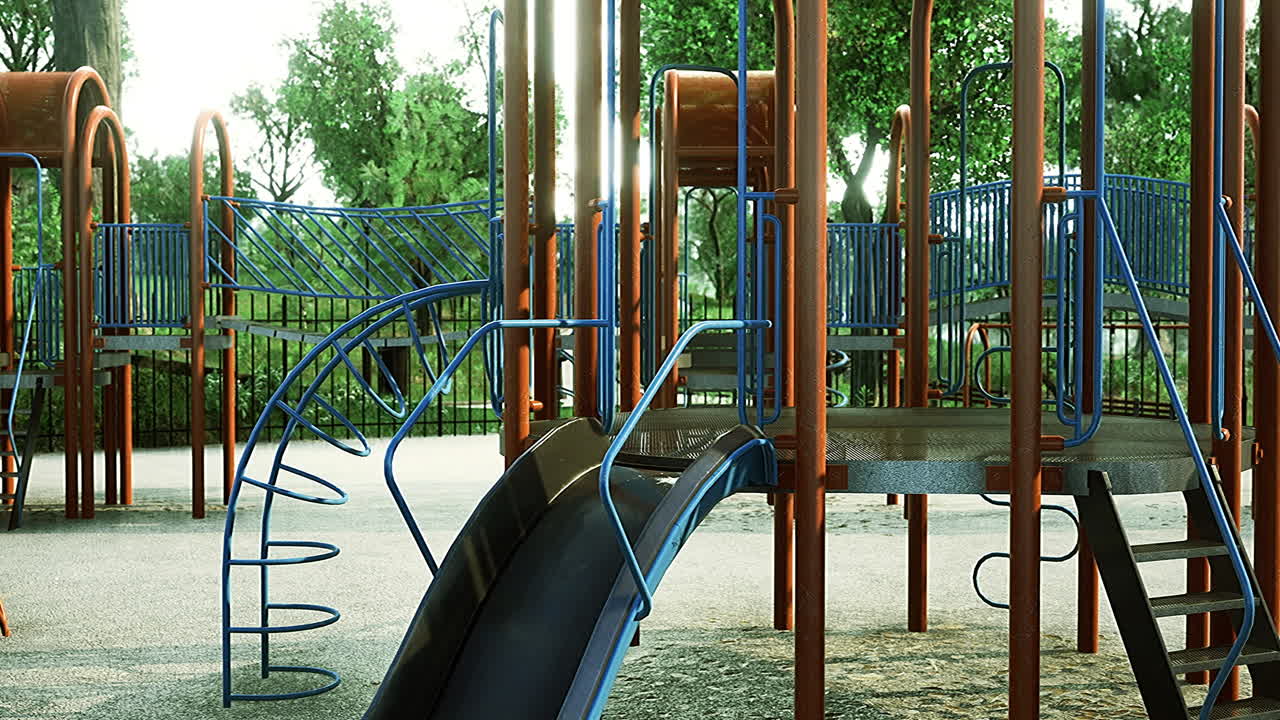 Colorful slides and climbing structures in afternoon playtime