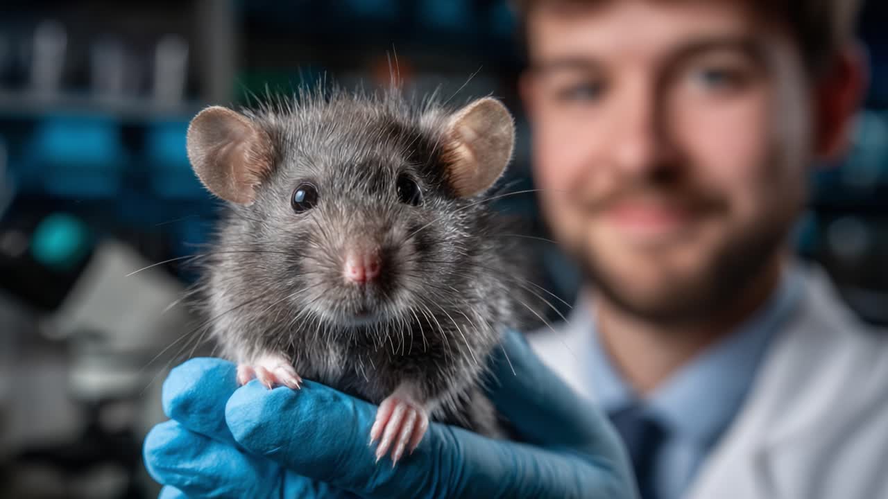 Primo piano di uno scienziato che tiene in mano un topo da laboratorio: esplorazione della ricerca in biotecnologie e della relazione tra uomo e animali