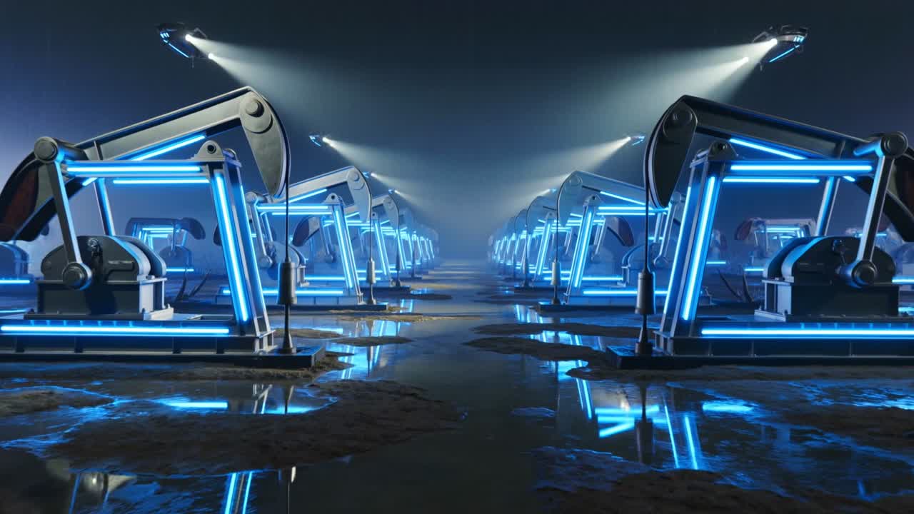 Futuristic oil pump jacks with blue neon lights in a dark industrial landscape