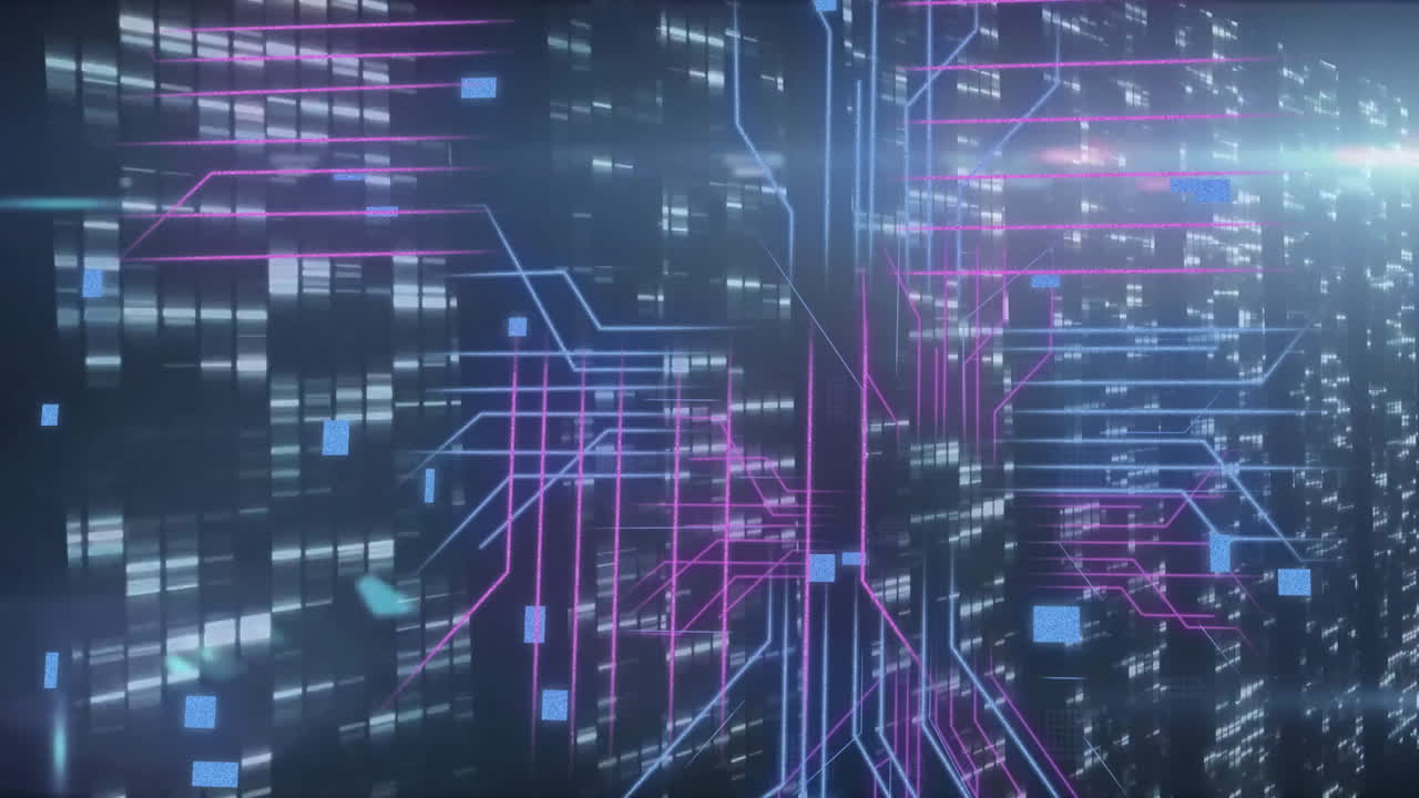 Animation of ai data processing over computer circuit board and servers