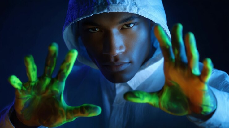Un ritratto accattivante di un giovane individuo concentrato con un abbigliamento con cappuccio, che mostra vivaci effetti verdi sulle mani su uno sfondo scuro e illuminato.