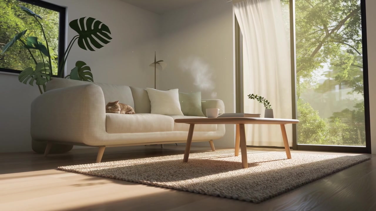 日当たりの良いリビングルームのソファで眠る猫の穏やかな光景