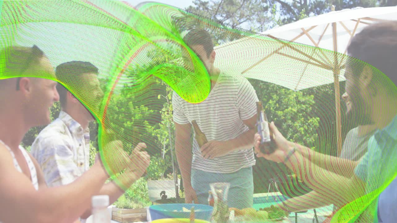 Friend approaching patio with beer, group raising bottles, clinking under green wave for marketing