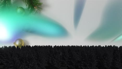 animation of blue spots of light over trees against christmas decorations against grey background