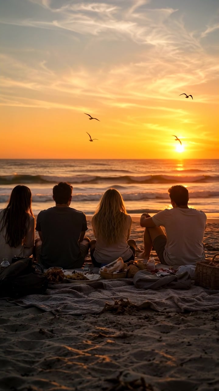 Quattro amici siedono in silhouette su una coperta da picnic sulla riva, guardando il sole tramontare verso l'oceano calmo e increspato, mentre i gabbiani volano sopra e una calda luce dorata crea un'atmosfera serale pacifica