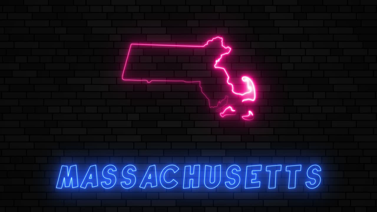매사추세츠 연방 지도: 어두운 벽돌 벽 바탕에 네온 선을 가진 실루