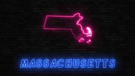 commonwealth of massachusetts map silhouette with neon line on a dark brick wall background