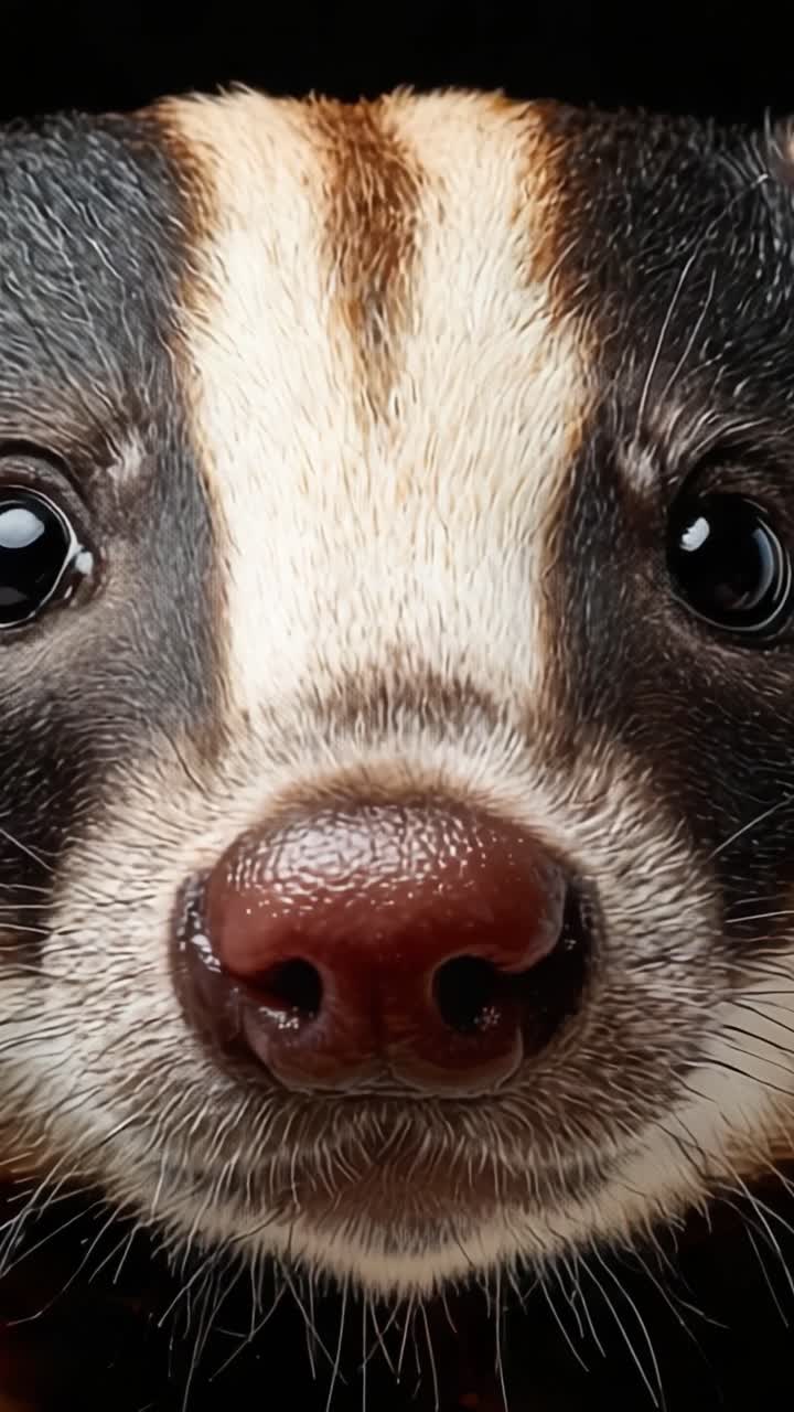 Close-up of a Badger's Face Showcasing Intricate Fur Patterns and Expressive Eyes, Capturing the Essence of This Fascinating Mammal in Stunning Detail