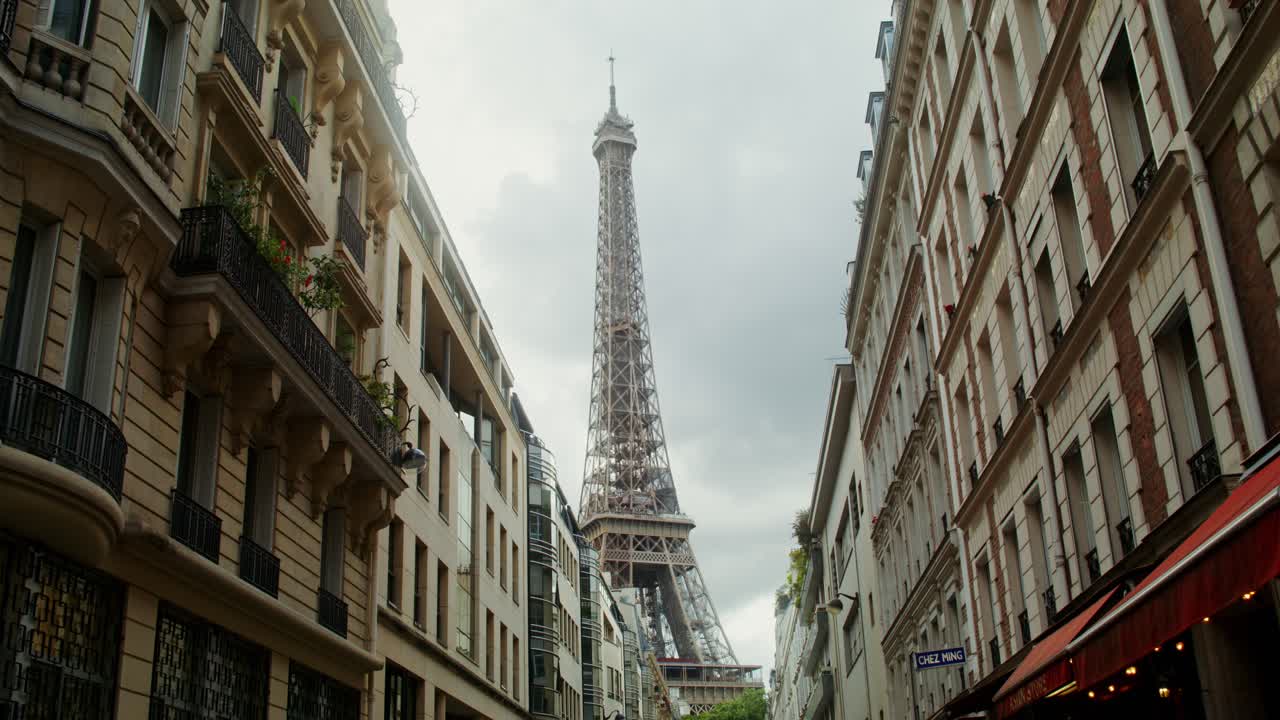 Eiffel Tower viewed from a Parisian street