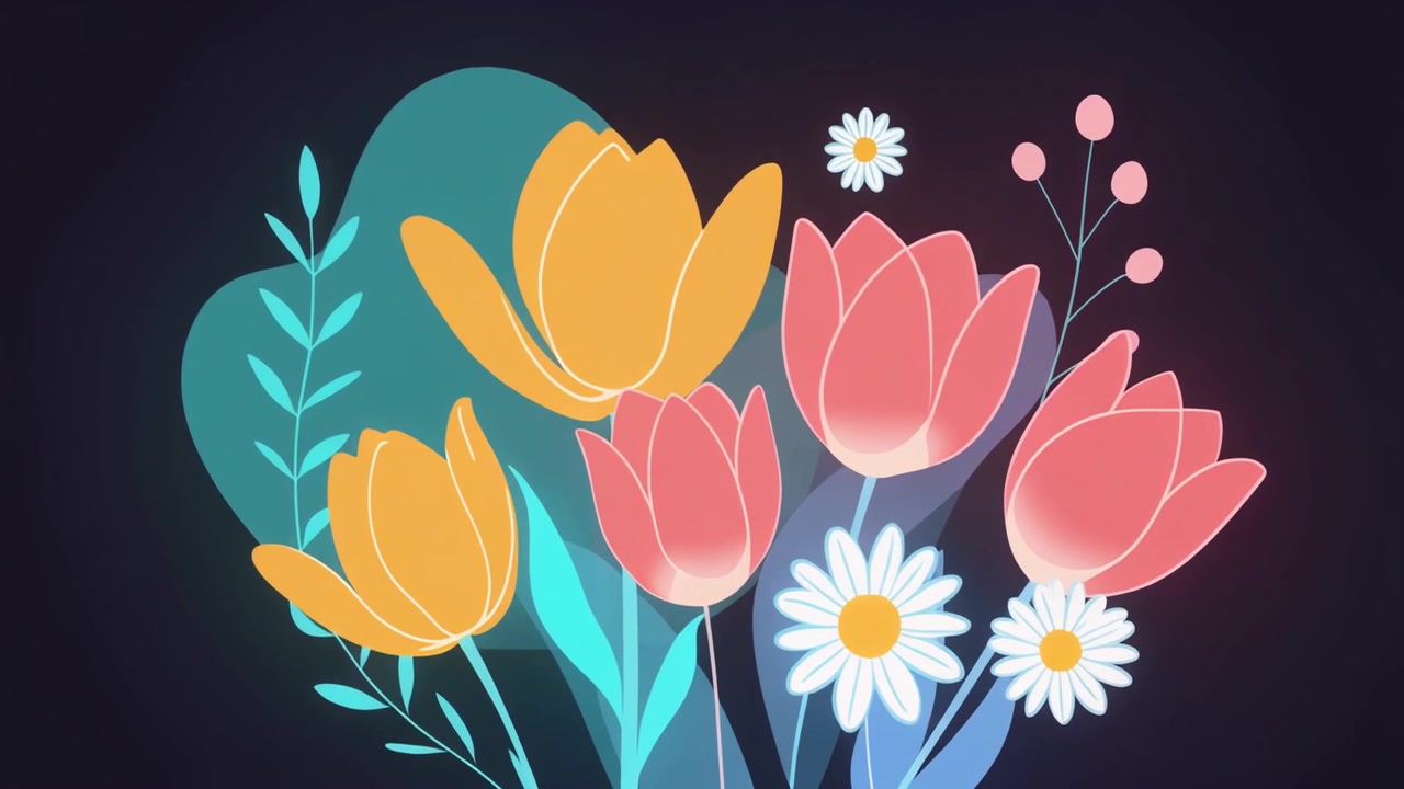 Animated Illustration of Colorful Tulips and Daisies Blooming