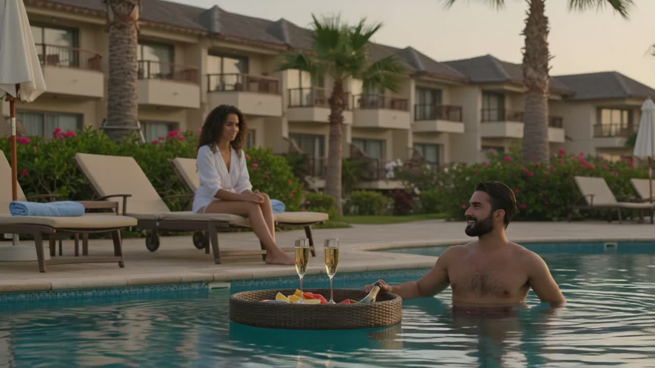 Relaxing Poolside Escape: A Serene Evening with Refreshing Drinks and Lush Surroundings by the Water, Perfect for Enjoying Good Company and Beautiful Views