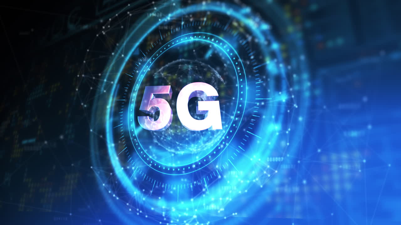 animazione del cerchio di elaborazione con rotazione 5g sullo spazio digitale blu e nero