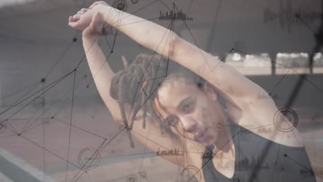 animación de la red de conexiones sobre la mujer en forma que hace ejercicio