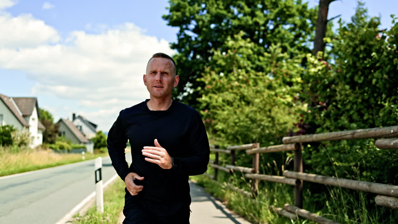 Atleta maschile a passeggio al mattino nella campagna europea. Un uomo in maglia e pantaloncini neri corre su un tapis roulant all'aperto. Un uomo fa sport e conduce uno stile di vita attivo.
