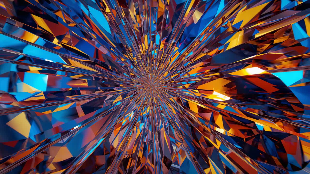 Pushing camera moving toward faceted starburst tunnel, revealing brighter blue amber reflections