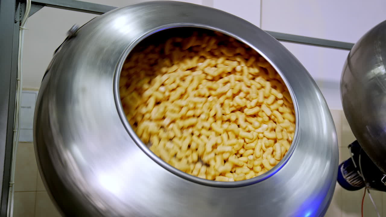 Round metal tank with corn sticks being rotated at the factory automated production. Sweet crispy snacks manufacturing.