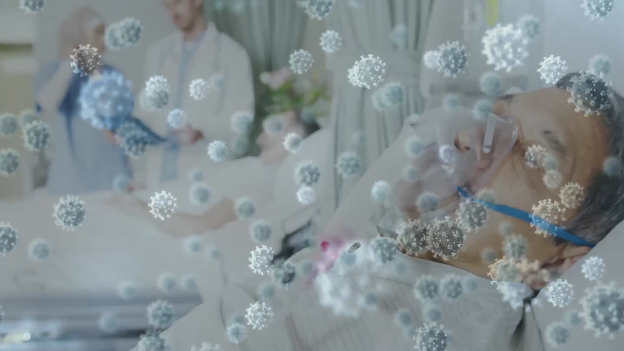 병원 침대에 누워 있는 고령 백인 남성 환자 위에 떠다니는 거대한 코로나19 세포의 애니메이션