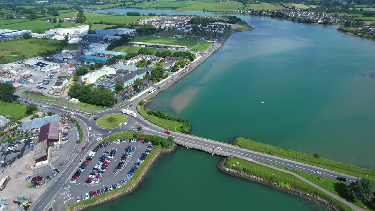Aerial Dungarvan busy town traffic and transport river inlet tourist town