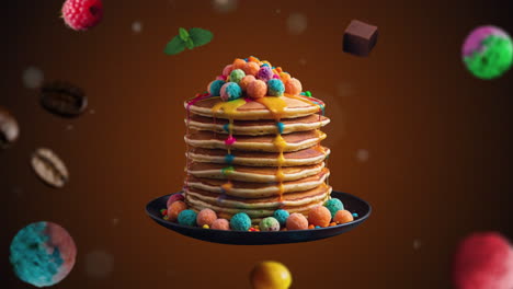 Flauschige,-Feuchte-Funfetti-Pfannkuchen-Animations-Intro-Für-Werbung-Oder-Marketing-Auf-Dunkelorangefarbenem-Hintergrund-Für-Restaurants-Mit-Den-Zutaten-Des-Desserts,-Die-Durch-Die-Luft-Fliegen---Preis-Oder-Verkauf-Hinzufügen