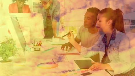 Animation-of-group-of-businessmen-brainstorming-using-computers-with-orange-clouds.-