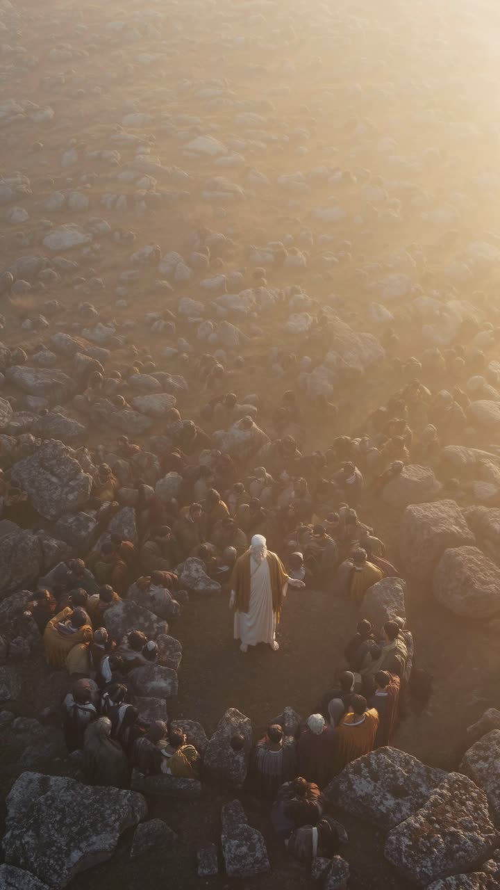 Aerial video still of a person in white surrounded by people on rocky terrain, captured at sunrise