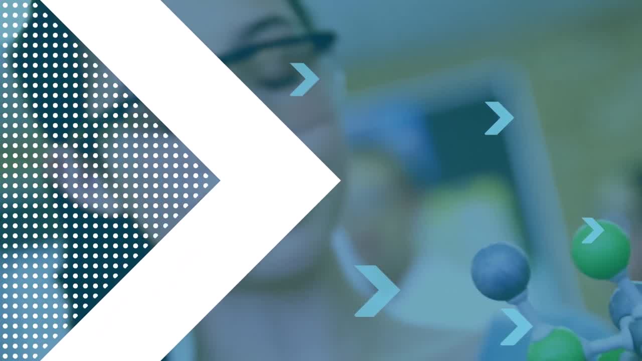 Abstract geometric shapes against caucasian girl touching molecular structure model at laboratory