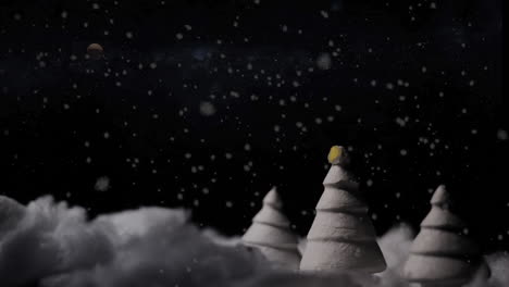 Paisaje-De-Juguete-Nevado-Animado-Con-árboles-De-Navidad-En-La-Noche,-Luna-Y-Nieve