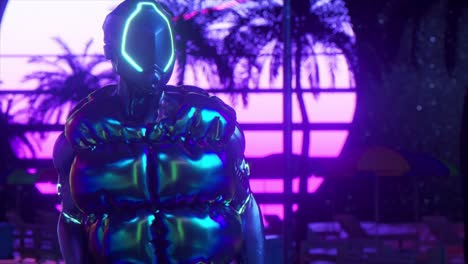 robot cyberpunk en una playa al atardecer