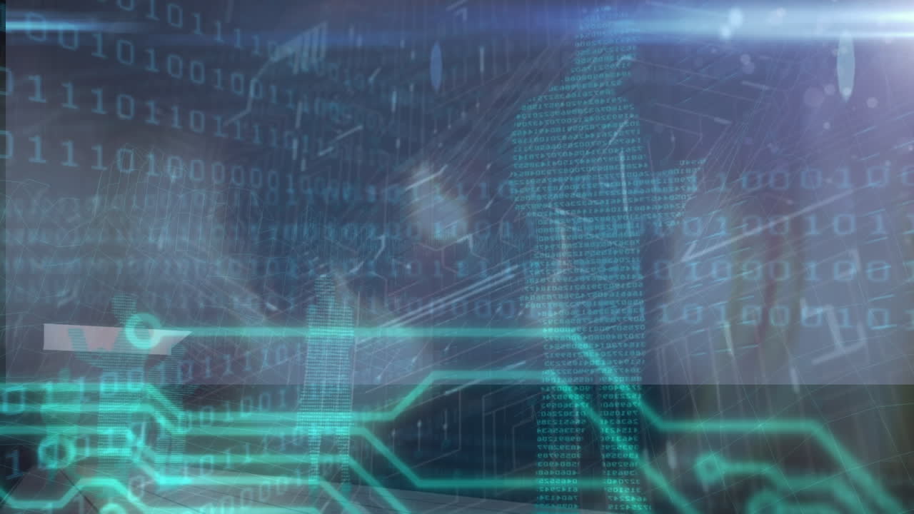 Animation of binary coding, data processing over glowing computer circuit board