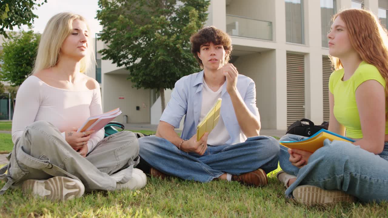 Teenage students studying together on campus lawn