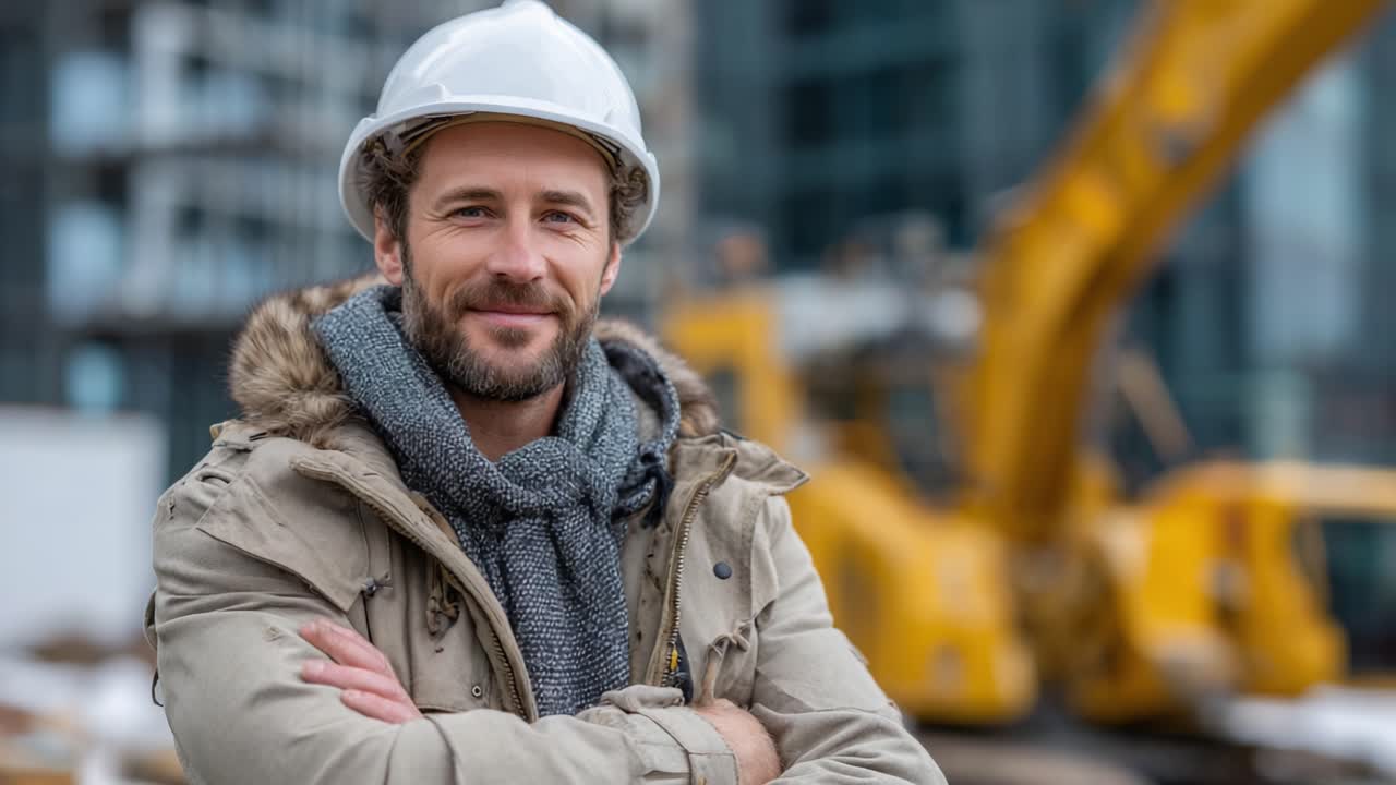 Confident Construction Worker in Safety Gear Posing at Job Site with Heavy Machinery in Background, Showcasing Professional Attitude and Industry Commitment