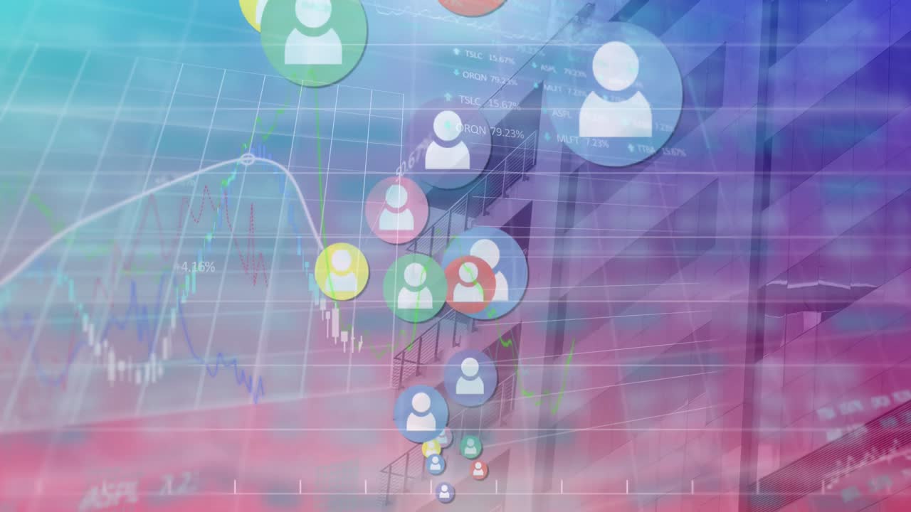 animação de ícones de perfil coloridos movendo-se com gráfico de linha e tabuleiro de negociação contra o edifício