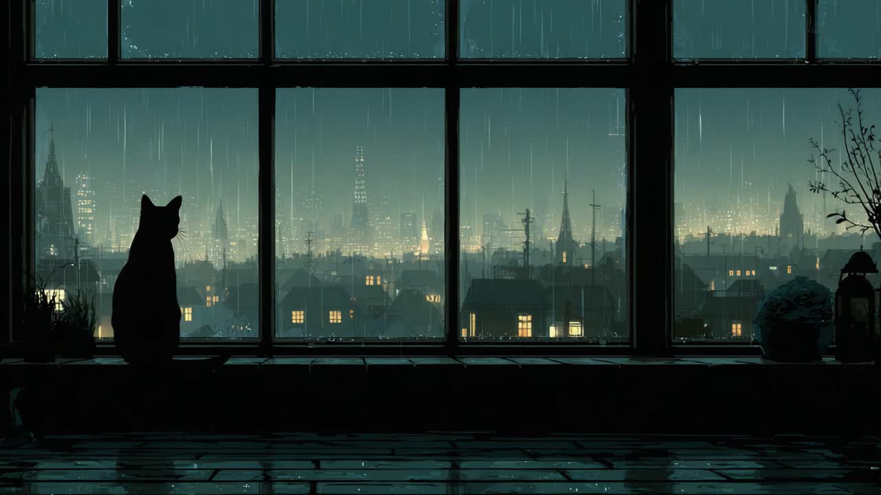 A Serene Nighttime View of a Cat Gazing Out a Rainy Window, Capturing the Essence of Urban Life and Nature's Beauty in a Cozy Atmosphere