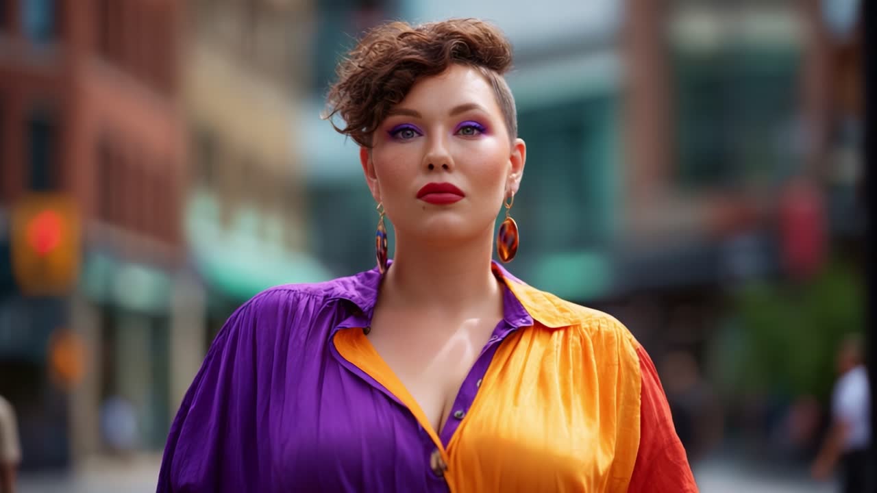 Sikker person i farverigt color-blocked tøj står i et urbant miljø og fremviser en dristig stil, levende makeup og en stærk tilstedeværelse i det offentlige rum