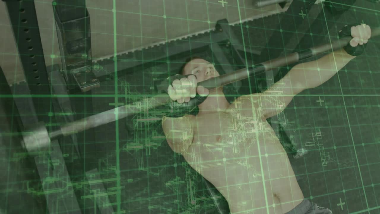 Vertical video: Lying back and gripping barbell, shirtless man bench pressing in rack for reps, HUD