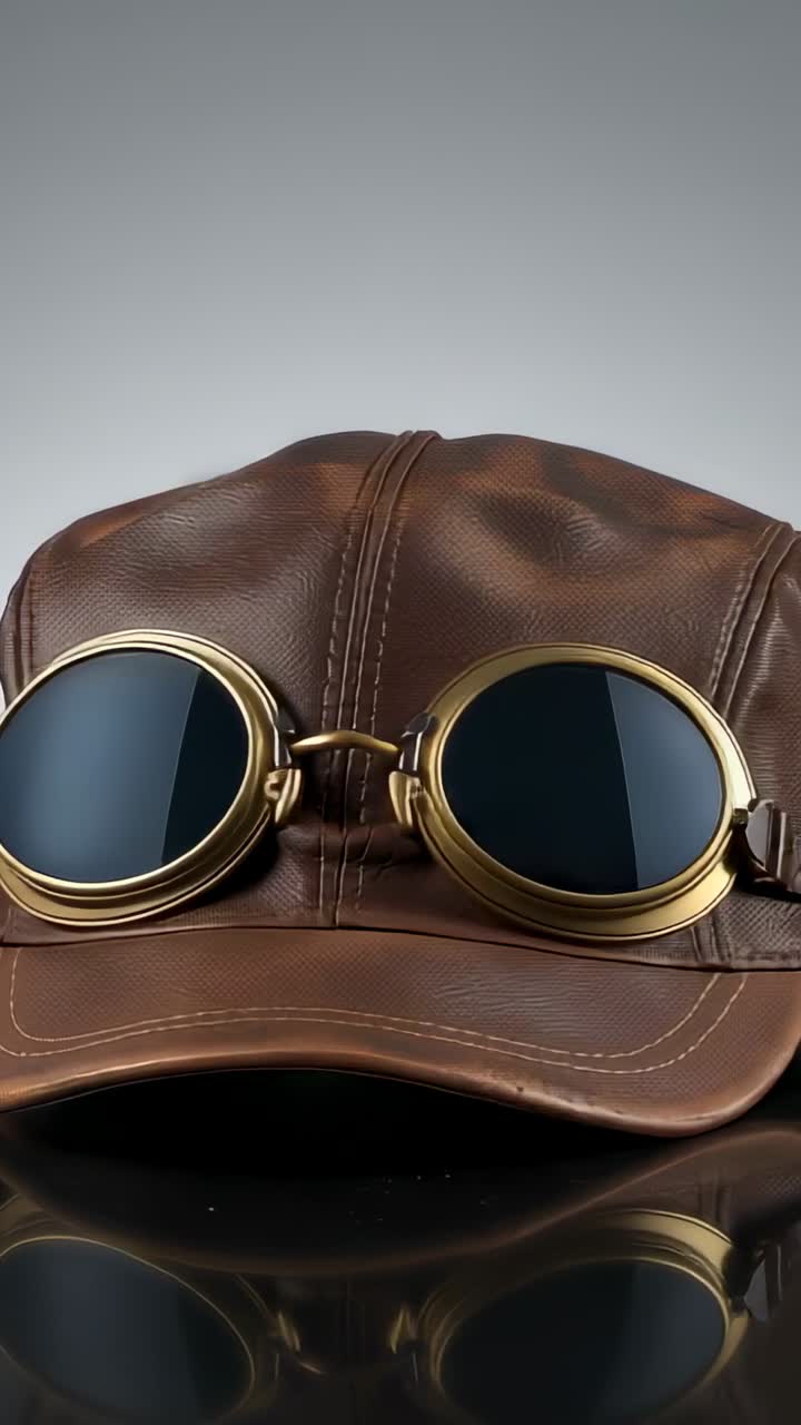 Vertical video: Tilting camera at start to pan around leather cap on black table reflecting goggles