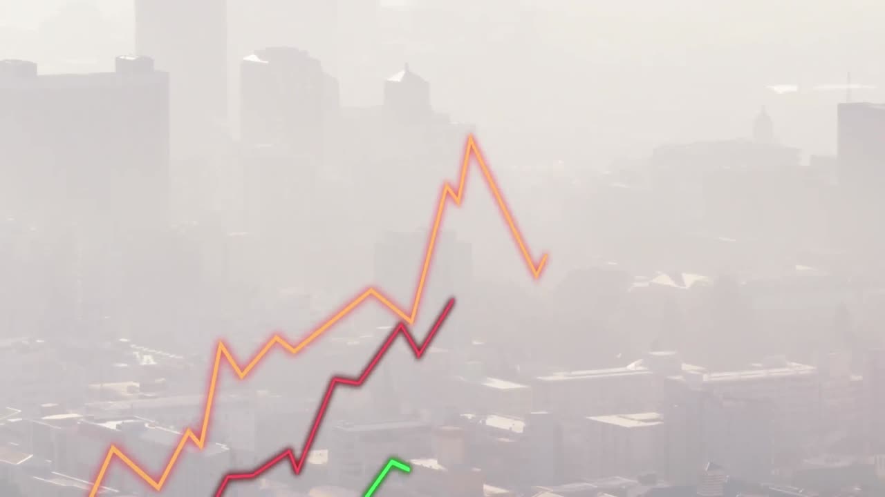 Animation of line graphs showing growth over aerial view of silhouette modern buildings in city