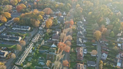 aerial of a beautiful suburban neighborhood on a sunny autumn day