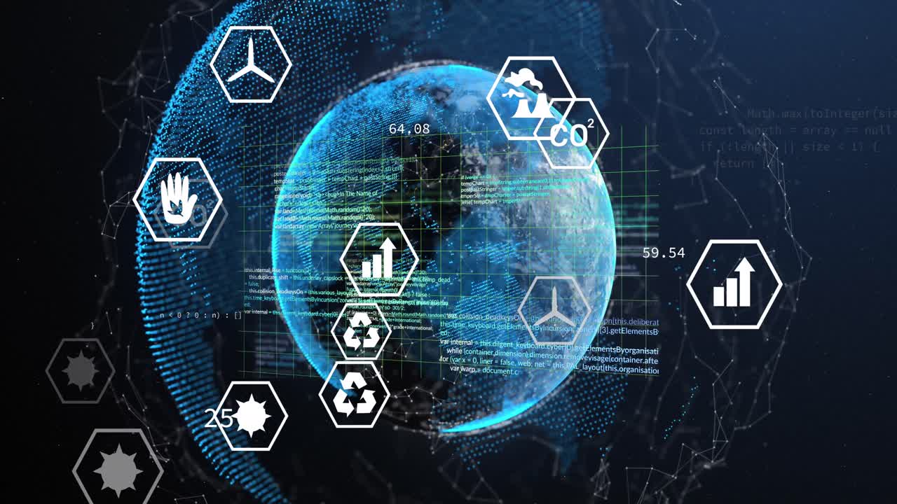 Animation of falling icons over globe dark background