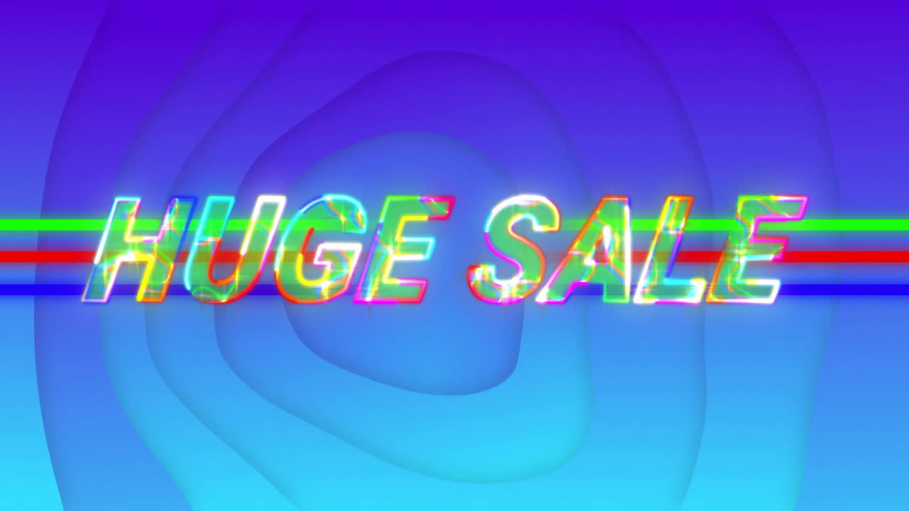 Animation of huge sale text with vibrant colors on blue abstract background